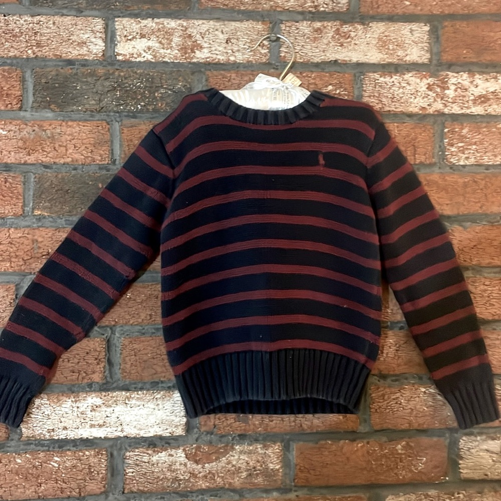 Cranberry and Navy blue striped Polo sweater
